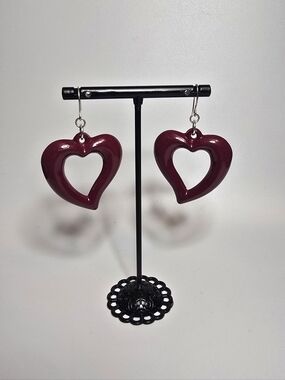 Maroon Heart Cutout Dangle Earrings - Women